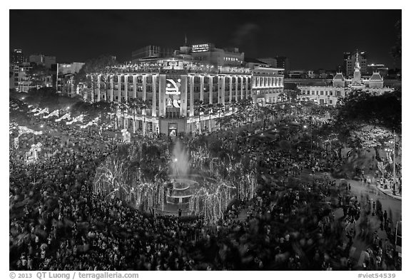 New year eve, city hall plaza with crowds. Ho Chi Minh City, Vietnam