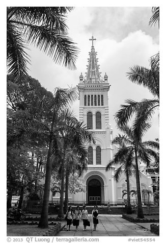 Cho Quan Church and students walking, district 5. Ho Chi Minh City, Vietnam (black and white)