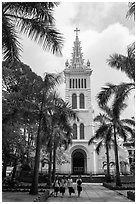 Cho Quan Church and students walking, district 5. Ho Chi Minh City, Vietnam ( black and white)