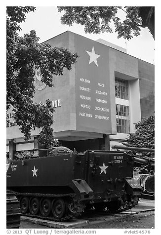 Tanks and signs extolling peace, War Remnants Museum, district 3. Ho Chi Minh City, Vietnam (black and white)