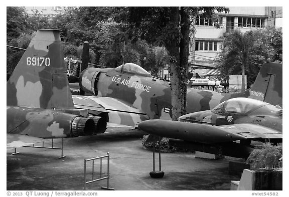 Fighter jets, War Remnants Museum, district 3. Ho Chi Minh City, Vietnam (black and white)