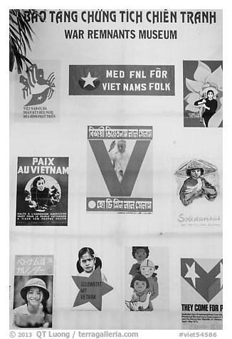 Posters from several countries, War Remnants Museum, district 3. Ho Chi Minh City, Vietnam (black and white)