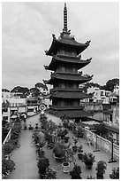 An Quang Pagoda from rooftop garden, district 10. Ho Chi Minh City, Vietnam ( black and white)
