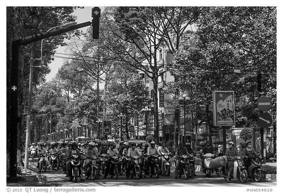 Motorcyclists on tree-lined street, district 5. Ho Chi Minh City, Vietnam