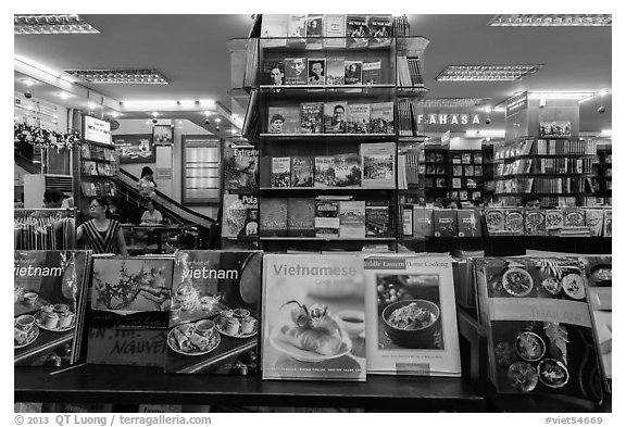 Books about Vietnam in bookstore. Ho Chi Minh City, Vietnam (black and white)