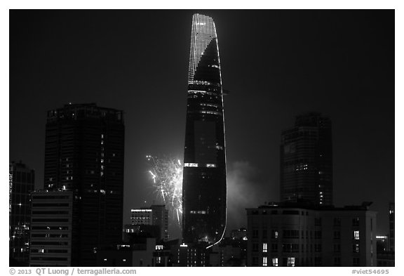 Bitexco tower with fireworks. Ho Chi Minh City, Vietnam