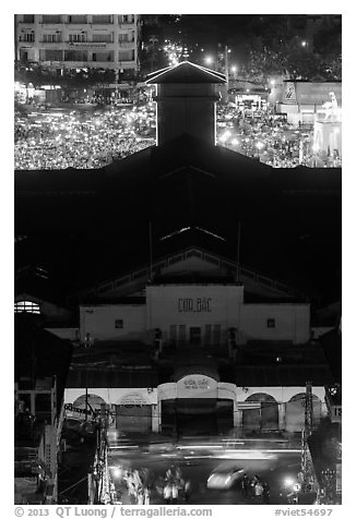 Ben Thank market from above at night. Ho Chi Minh City, Vietnam (black and white)