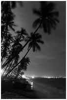 Beach at night with palm trees and coracle boat. Mui Ne, Vietnam (black and white)