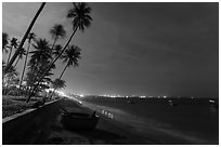 Beach, palm trees and coracle boats at night. Mui Ne, Vietnam ( black and white)
