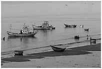 Beach and fishing boats from above. Mui Ne, Vietnam ( black and white)