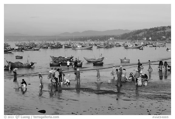 Hawkers gather on mirror-like beach in early morning. Mui Ne, Vietnam (black and white)