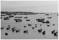 Fishing fleet and village. Mui Ne, Vietnam (black and white)