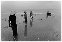 Fishermen pulling line onto beach. Mui Ne, Vietnam ( black and white)