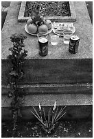 Grave with offerings of incense, flowers, drinks, fruit, and fake money. Ben Tre, Vietnam ( black and white)