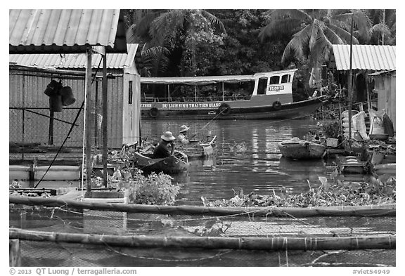Men fishing next to houseboats. My Tho, Vietnam