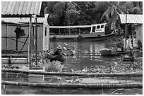 Men fishing next to houseboats. My Tho, Vietnam (black and white)