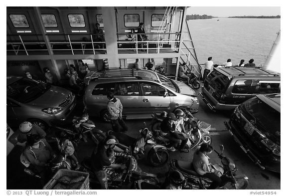 Abord ferry across the Mekong River. Mekong Delta, Vietnam (black and white)