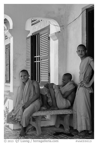 Young monks at Khmer pagoda. Tra Vinh, Vietnam (black and white)