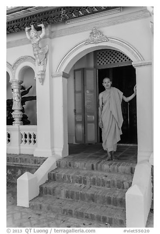 Monk standing in entrance, Ang Pagoda. Tra Vinh, Vietnam (black and white)