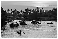 Boats and river at sunrise, Phung Diem. Can Tho, Vietnam (black and white)
