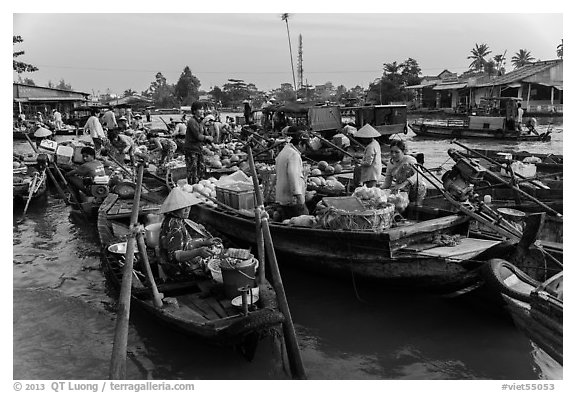 Large gathering of boats at Phung Diem floating market. Can Tho, Vietnam (black and white)