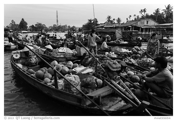 Boats closely decked together, Phung Diem floating market. Can Tho, Vietnam (black and white)