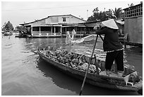 Woman paddling boat loaded with bananas. Can Tho, Vietnam (black and white)
