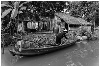 Woman unloading bananas from boat, with her house behind. Can Tho, Vietnam (black and white)