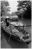 Woman unloading bananas from boat. Can Tho, Vietnam (black and white)