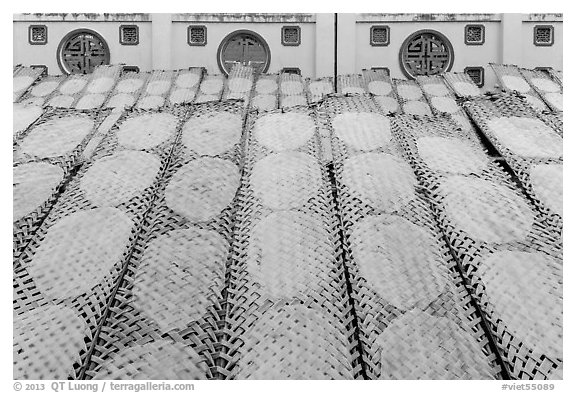 Rice paper wrappers being dried. Can Tho, Vietnam (black and white)