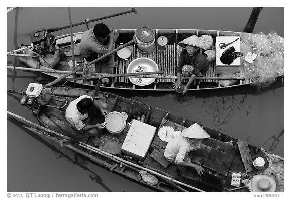 Two sampan boats side-by-side seen from above. Can Tho, Vietnam (black and white)