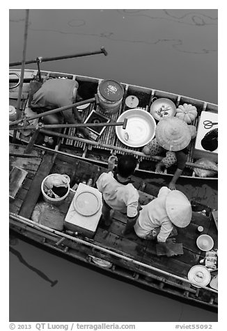 Couples on two side-by-side boats seen from above. Can Tho, Vietnam (black and white)
