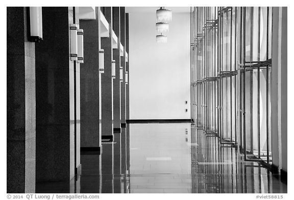 Corridor with shiny floor, Reunification Palace. Ho Chi Minh City, Vietnam (black and white)