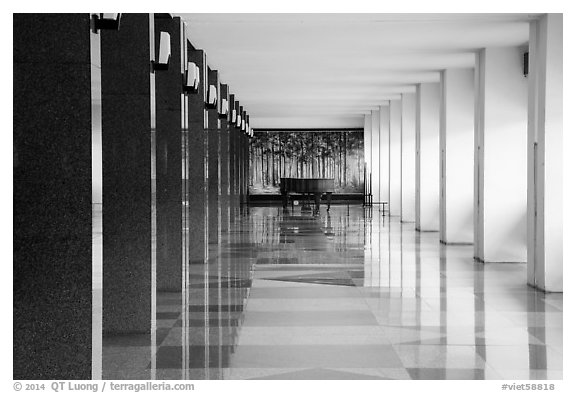 Corridor, piano, and reflections, Reunification Palace. Ho Chi Minh City, Vietnam (black and white)
