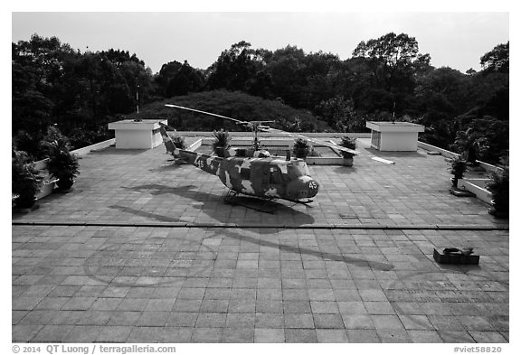 Terrace with helicopter, Reunification Palace. Ho Chi Minh City, Vietnam (black and white)