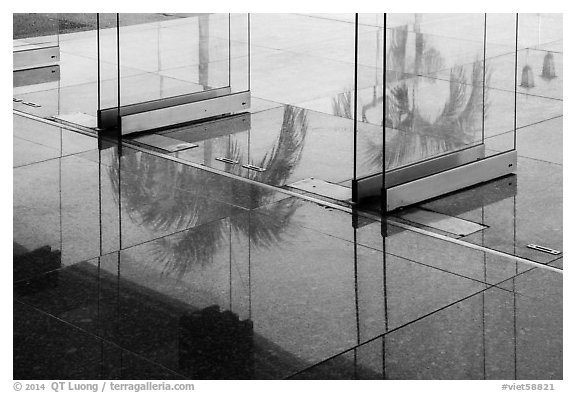 Terrace door reflections, Independence Palace. Ho Chi Minh City, Vietnam (black and white)