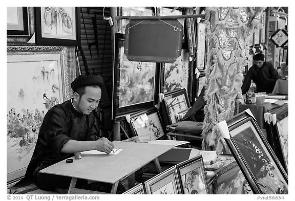 Caligraphers at lunar new year market. Ho Chi Minh City, Vietnam (black and white)