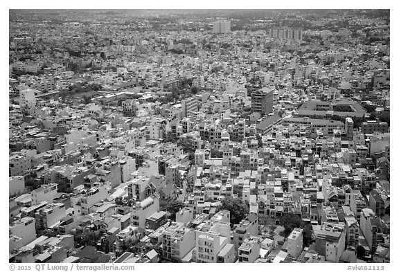 Aerial view of multi-story buidings. Ho Chi Minh City, Vietnam (black and white)
