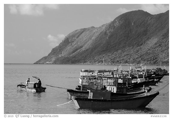 Fishing boats and hills, Con Son. Con Dao Islands, Vietnam (black and white)