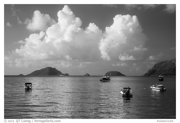 Boats, islets, and clouds, Con Son Bay. Con Dao Islands, Vietnam (black and white)