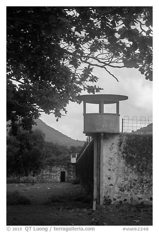 Prison wall and tower, Con Son. Con Dao Islands, Vietnam (black and white)