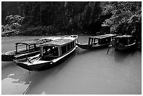 Tour boats near the entrance of Phong Nha Cave. Vietnam (black and white)