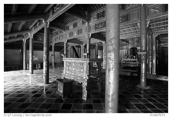 Main room of the temple inside the Minh Mang Mausoleum. Hue, Vietnam (black and white)