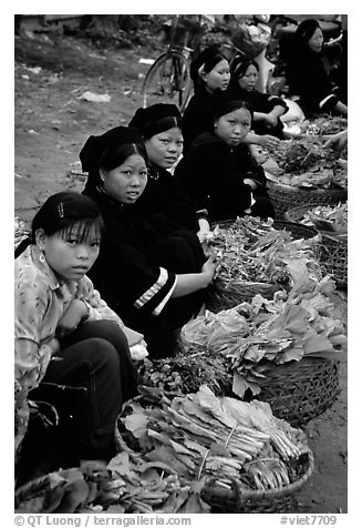Women of the Nung hill tribe sell vegetables at the Cao Bang market. Northeast Vietnam (black and white)