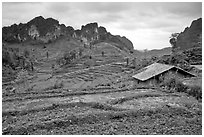 Fields, homes, and peaks, Ma Phuoc Pass area. Northeast Vietnam ( black and white)