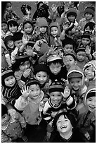 Schoolchildren dressed for the cool mountain weather. Northeast Vietnam (black and white)