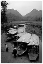 Boats waiting for villagers at a market. Northeast Vietnam ( black and white)