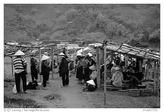 Market set in the fields near Ba Be Lake. Northeast Vietnam (black and white)