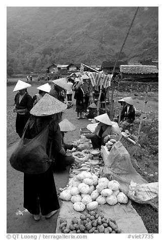 Vegetables for sale at an outdoor market near Ba Be Lake. Northeast Vietnam (black and white)