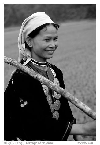 Hilltribeswoman with traditional necklace, Ba Be Lake. Vietnam (black and white)